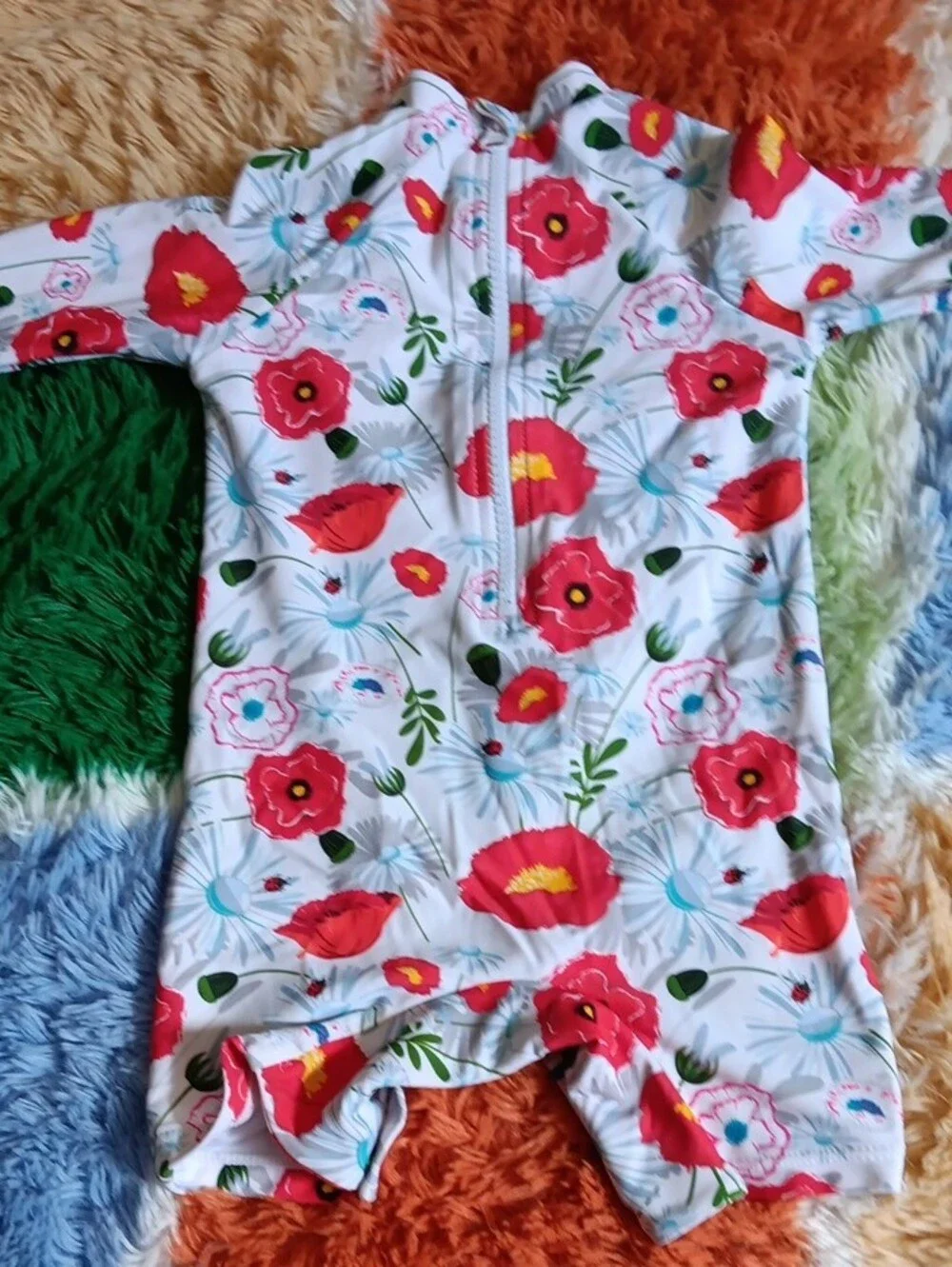 Floral Baby One-Piece Longsleeved Swimsuit  - Red & White